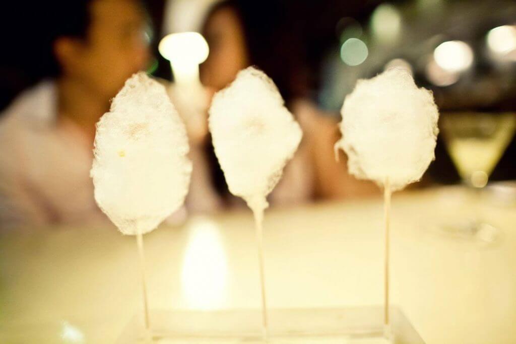 Appetizer-Cotton Candy Foie Gras (cotton candy duck liver): tiny bit of amazing foie wrapped in the world's smallest cotton candy on a stick